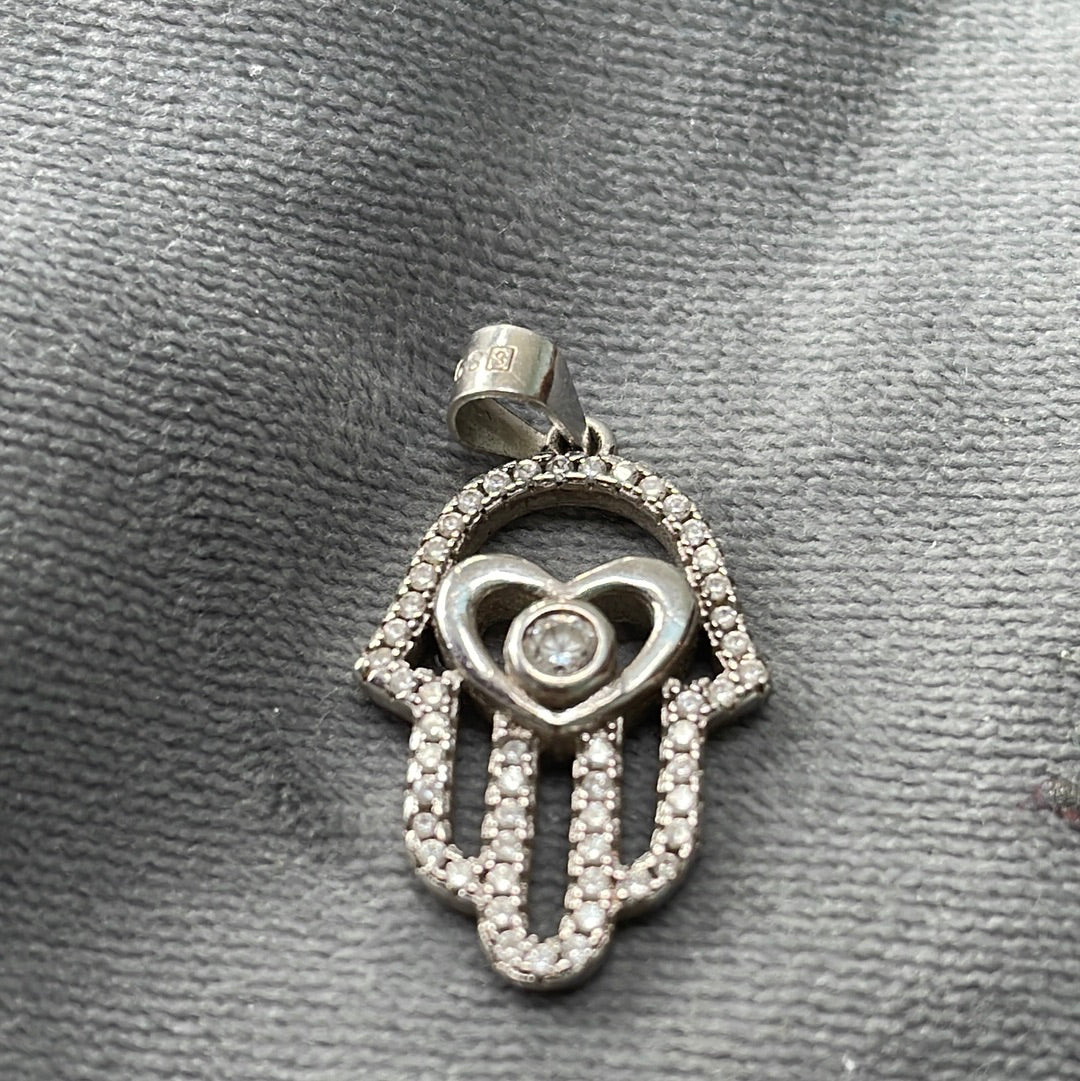 Sterling Silver Pave CZ Hamsa Hand Protection Sterling Silver Necklace Pendanr