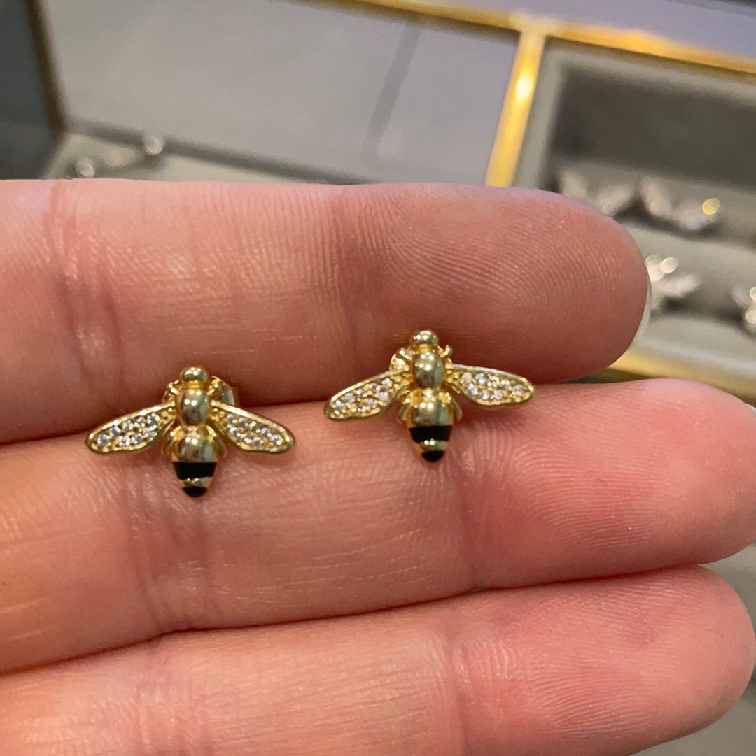 Brand New Sterling Silver Gold Plated Pave Bee Earrings Beautiful CHOICE OF TWO