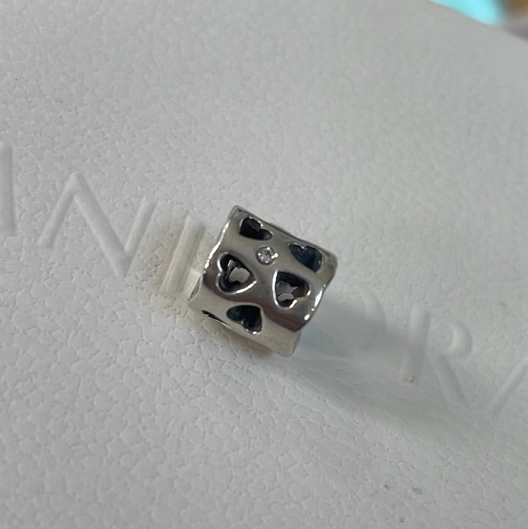 Genuine Pandora Barrel Heart Open work Charm with Cz Stone x1