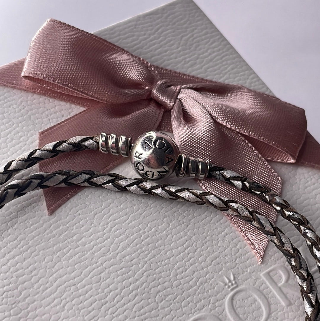 Genuine Pandora Cream and Brown/Gold Double Leather Wrap Bracelet Medium