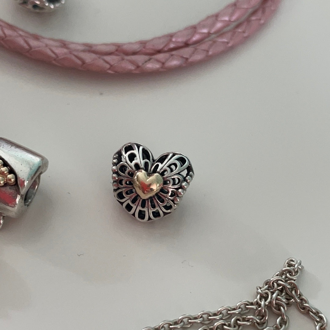 Genuine Pandora Vintage Heart Two Tone Openwork Charm