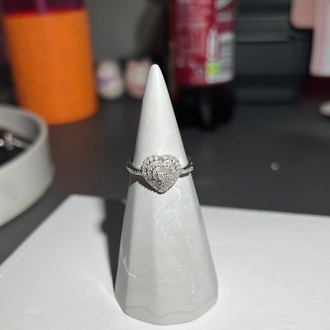 Sterling Silver Pave Heart Clear CZ Stone Ring Size 58 (R)