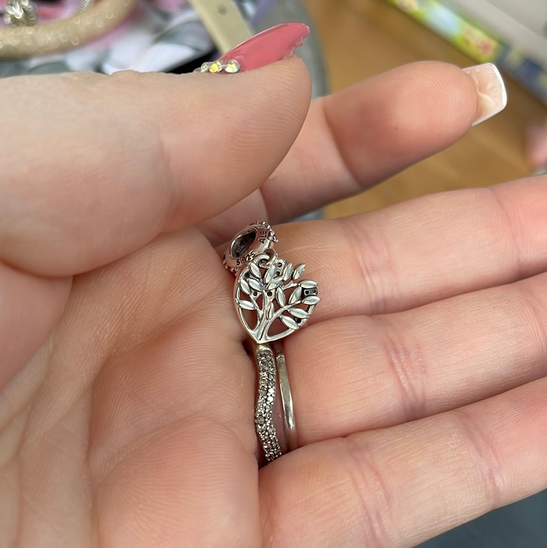 Genuine Pandora New Style Pink Enamel Family Tree Dangle With CZ Dangle Charm