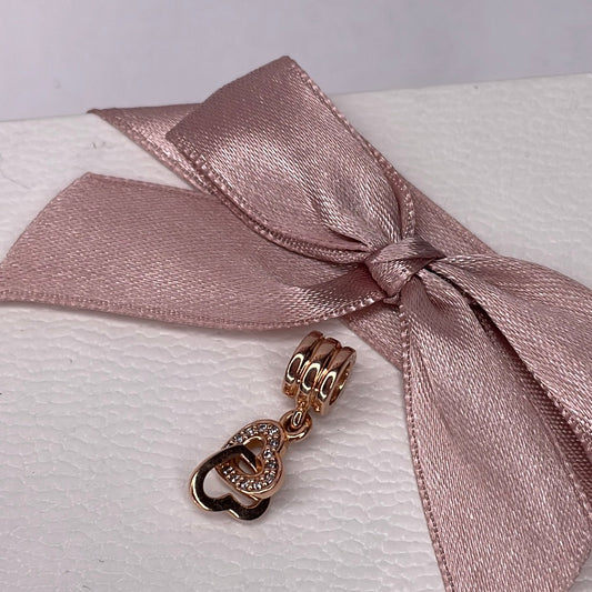 Genuine Pandora Rose / Shine Gold Dangle Double Heart Pave Interlinked