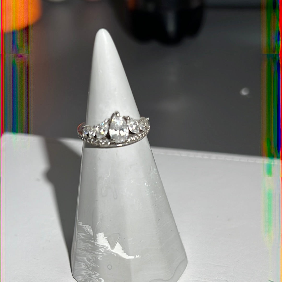 Sterling Silver Pave Line Clear CZ & Marquis Teardrop Stone Ring Size 56