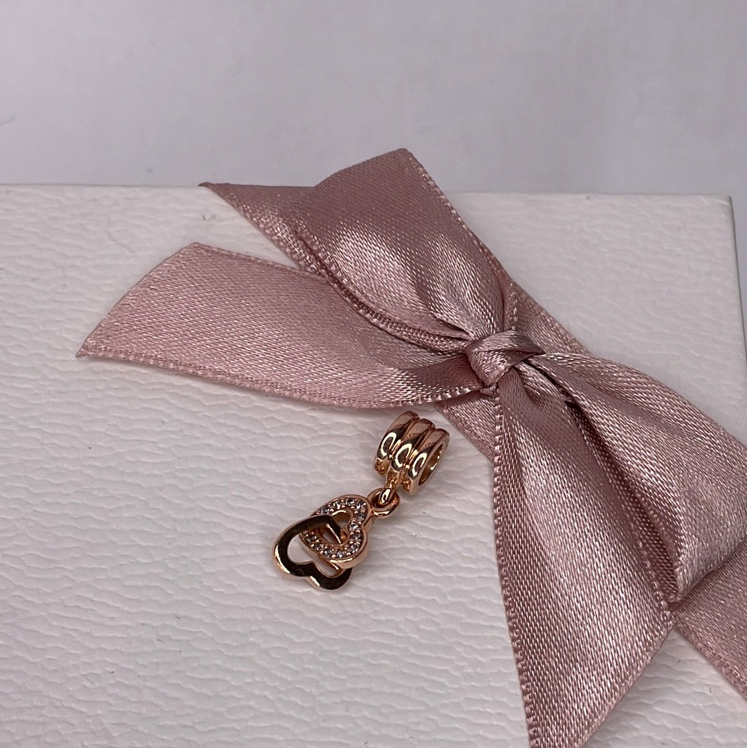 Genuine Pandora Rose / Shine Gold Dangle Double Heart Pave Interlinked