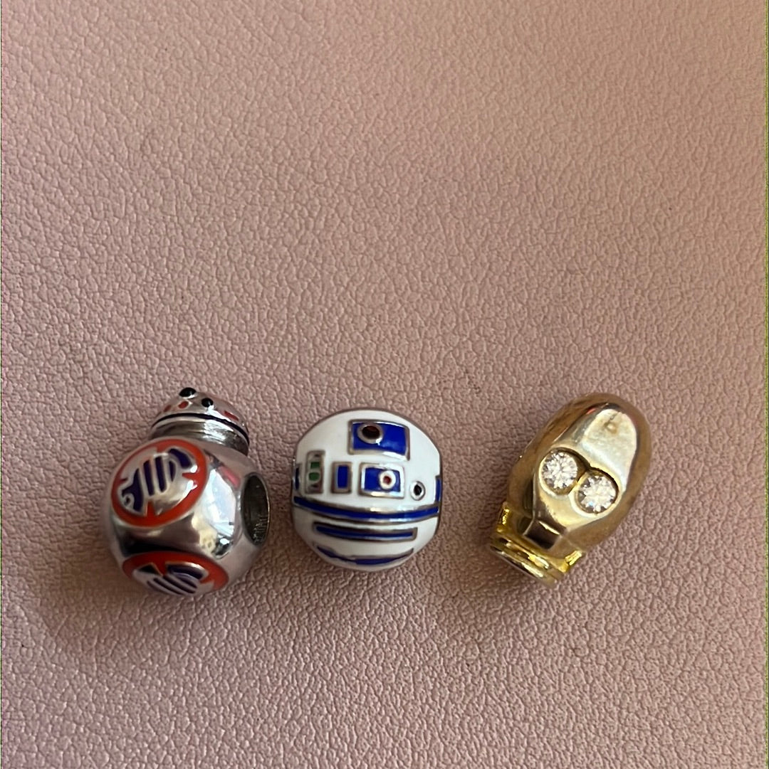 Bundle of Sterling Silver Star Wars charms R2D2, CP30 and BB8