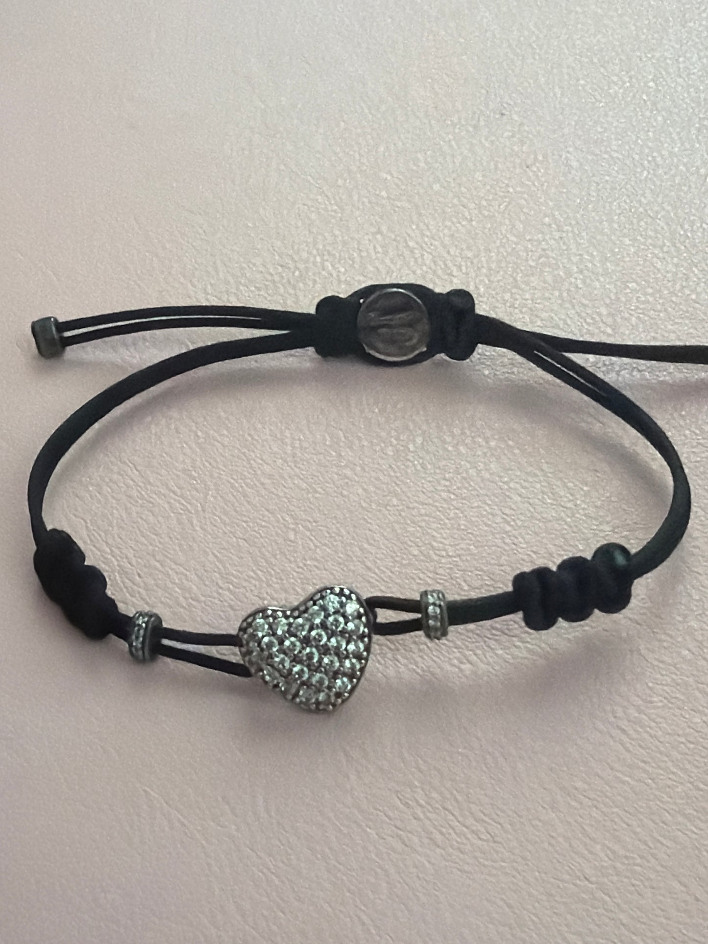 Genuine Thomas Sabo Pave Heart Black String Material Bracelet Medium Max 20cm