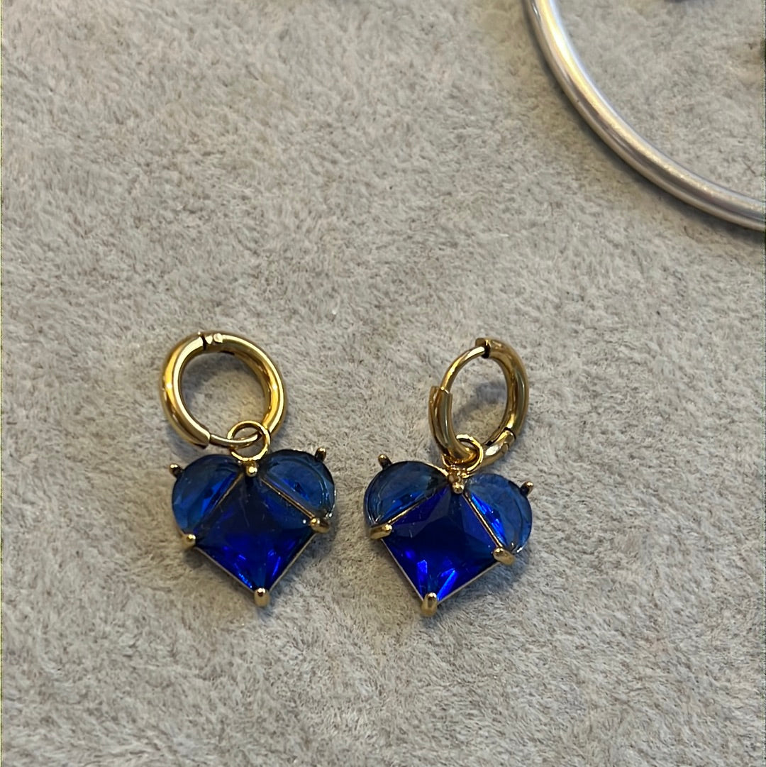 Brand New Gold Plated Shine Dangle Blue CZ Heart Earrings