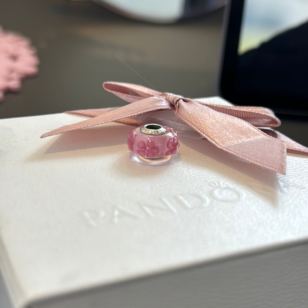 Genuine Pandora Pink Sparkly Raised Flower Murano Charm