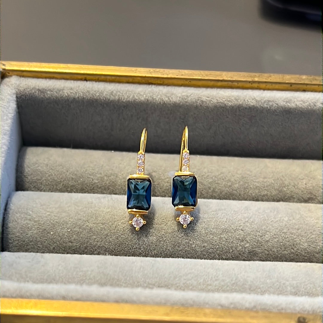 Brand New Sterling Silver Gold Plated Pave Clear & Blue Dangle Earrings