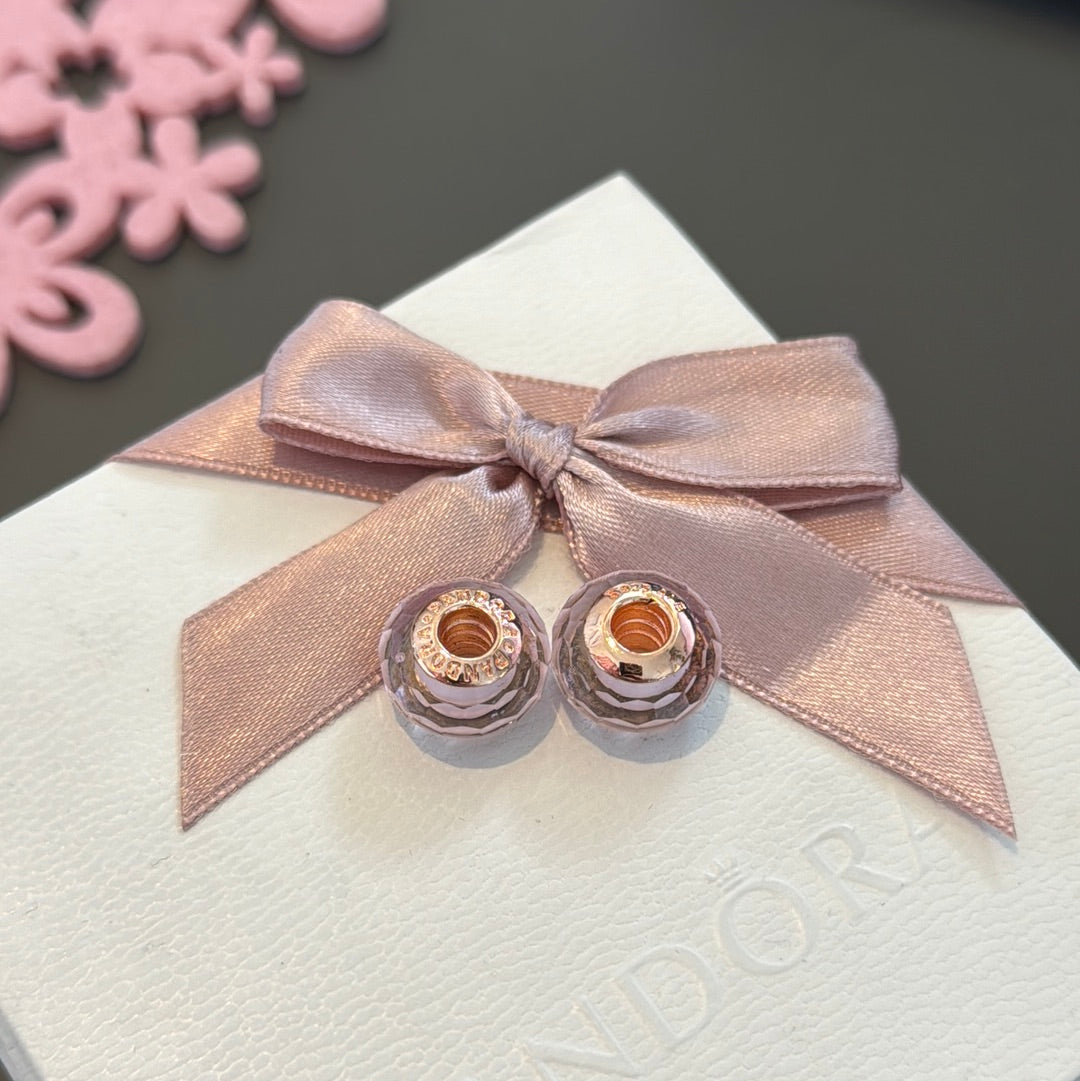 Sterling Silver Plated Rose Gold Faceted Murano In Pink PAIR