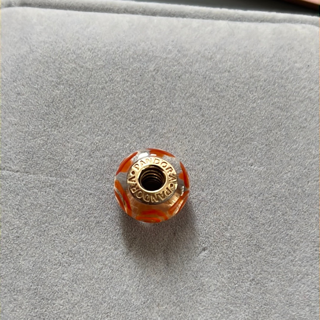 Genuine Pandora Solid 14ct Gold Orange Spiral Murano Charm HTF