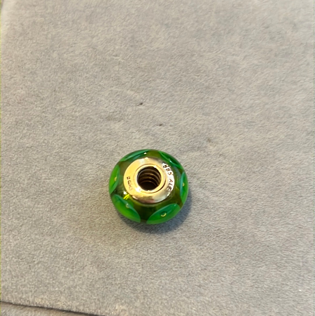 Genuine Pandora Solid 14ct Green Dotted Gold Glass Mystic Murano Charm HTF