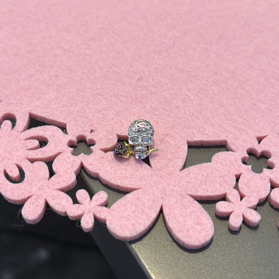 Genuine Gnoce Pave Silver Skull With Gold Rose Charm