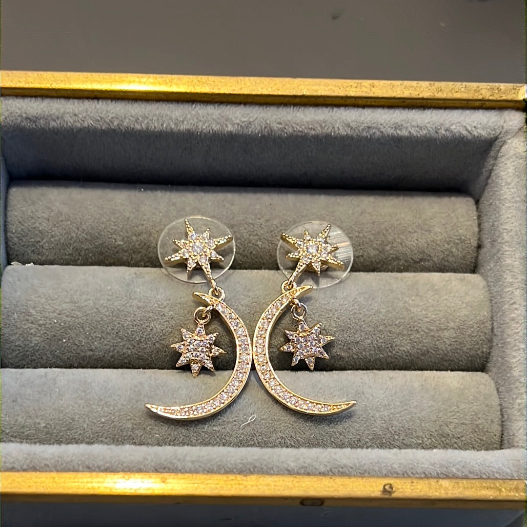 Brand New Gold Plated Pave Crescent Moon CZ Earrings Beautiful