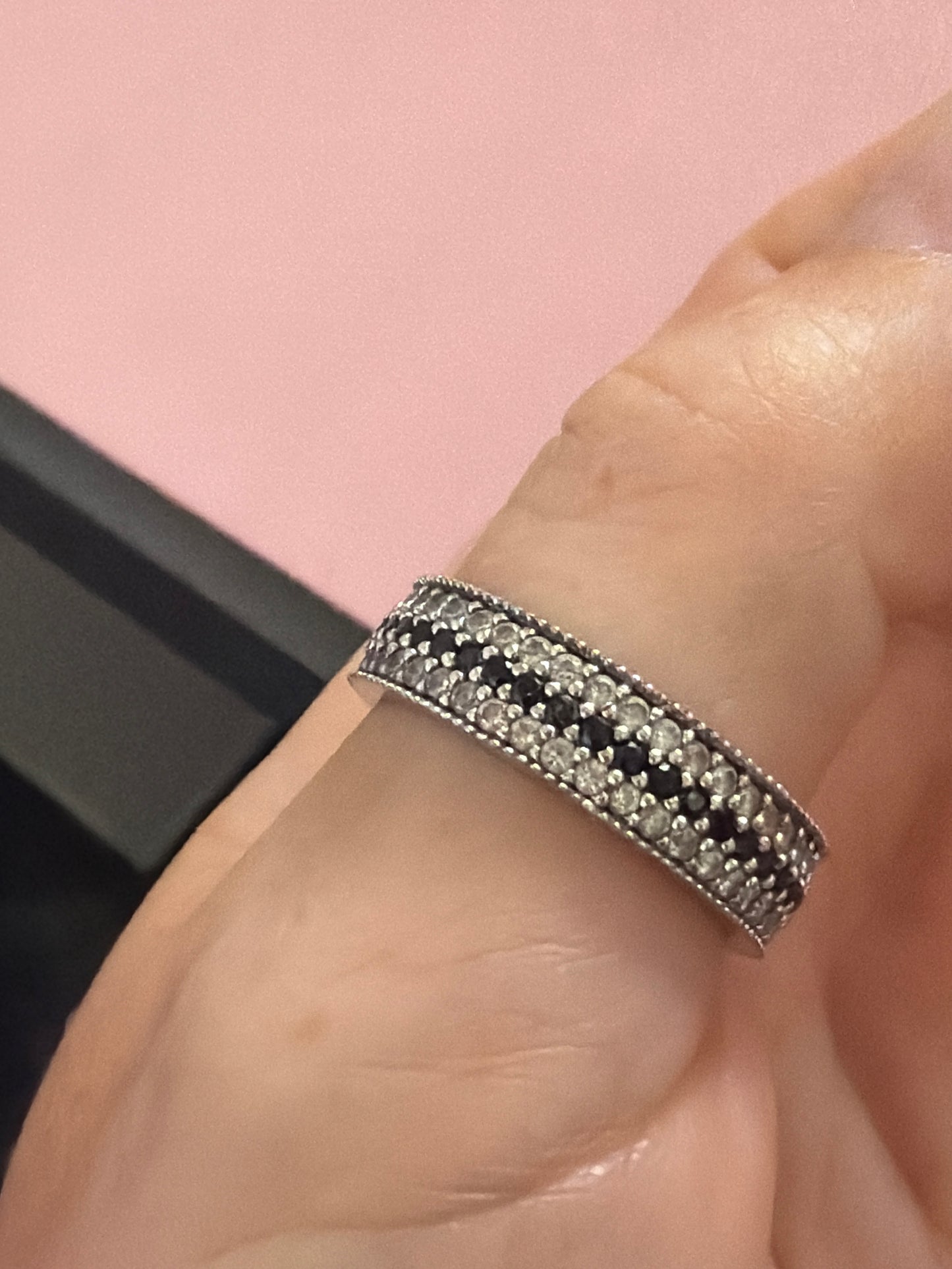 Sterling SIlver Pave Clear & Black Line Ring 64