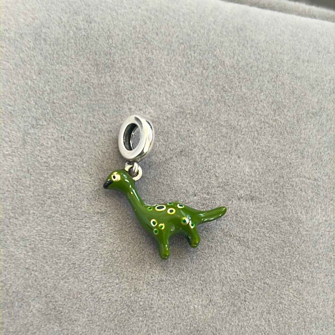 Sterling Silver Enamel Dark Green Dinosaur Diplodocus Dangle Charm