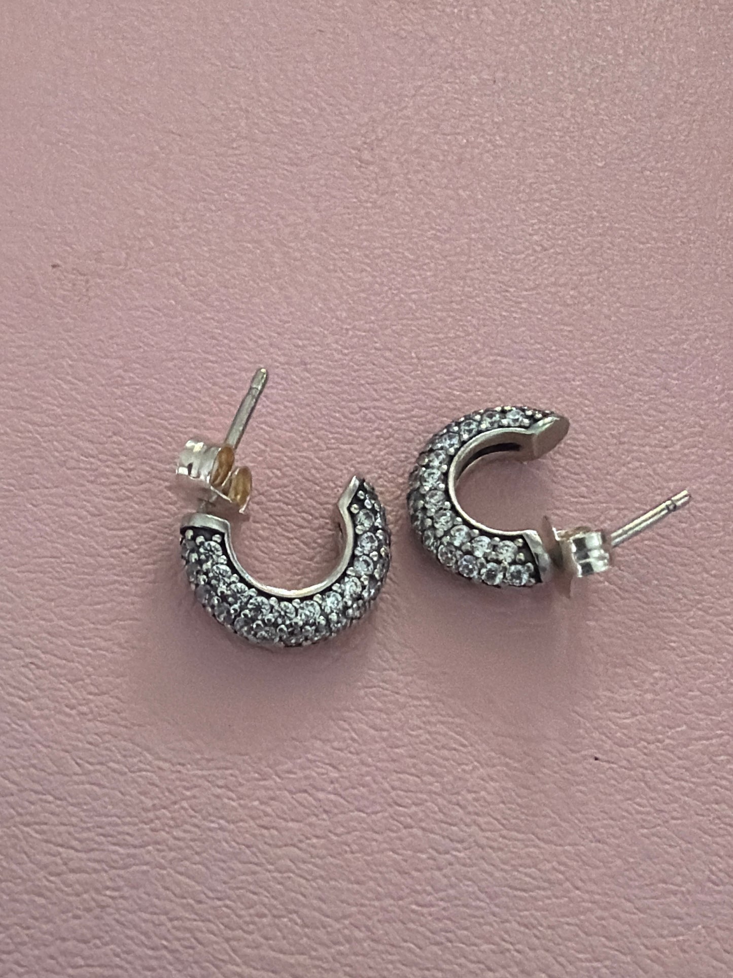 Genuine Pandora Half Hoop Half Pave Huggies Silver Earrings