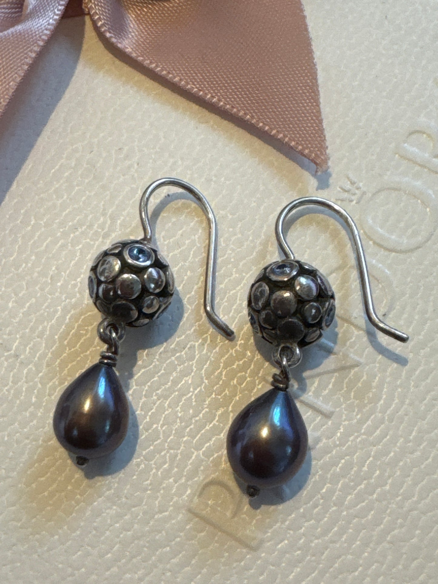 Genuine Pandora Compose HTF Retired and Rare Blue Bubble Cz Grey Pearl Dangle Earrings