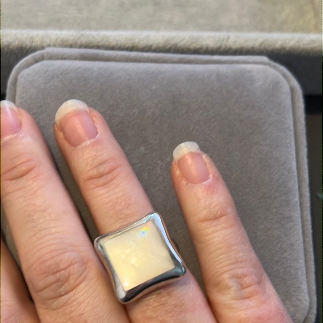 Sterling Silver Mother of Pearl Large Square CZ Cross Ring 52