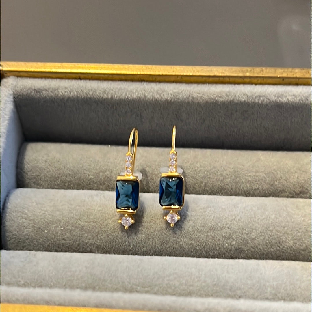 Brand New Sterling Silver Gold Plated Pave Clear & Blue Dangle Earrings
