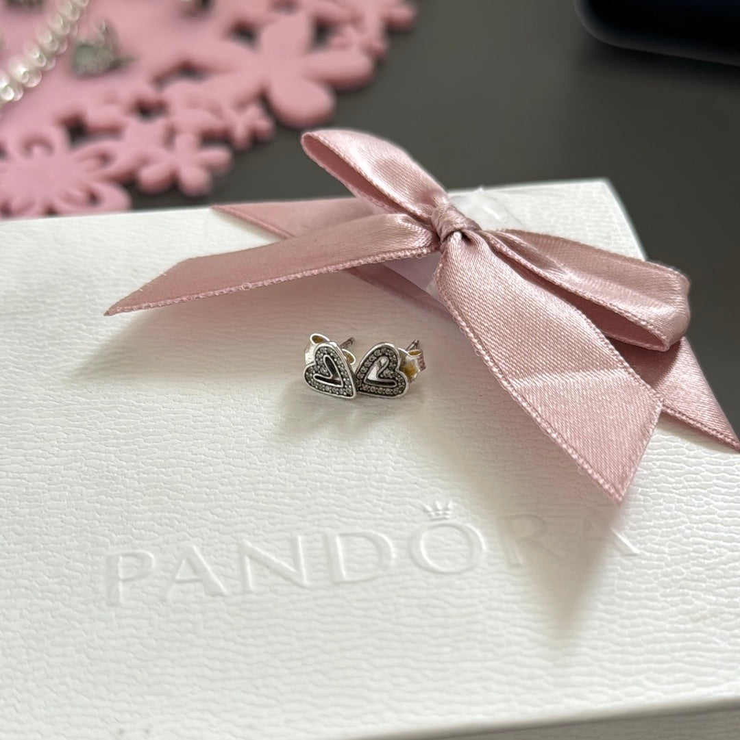 Genuine Pandora Free Hand Drawn Pave Heart Earrings