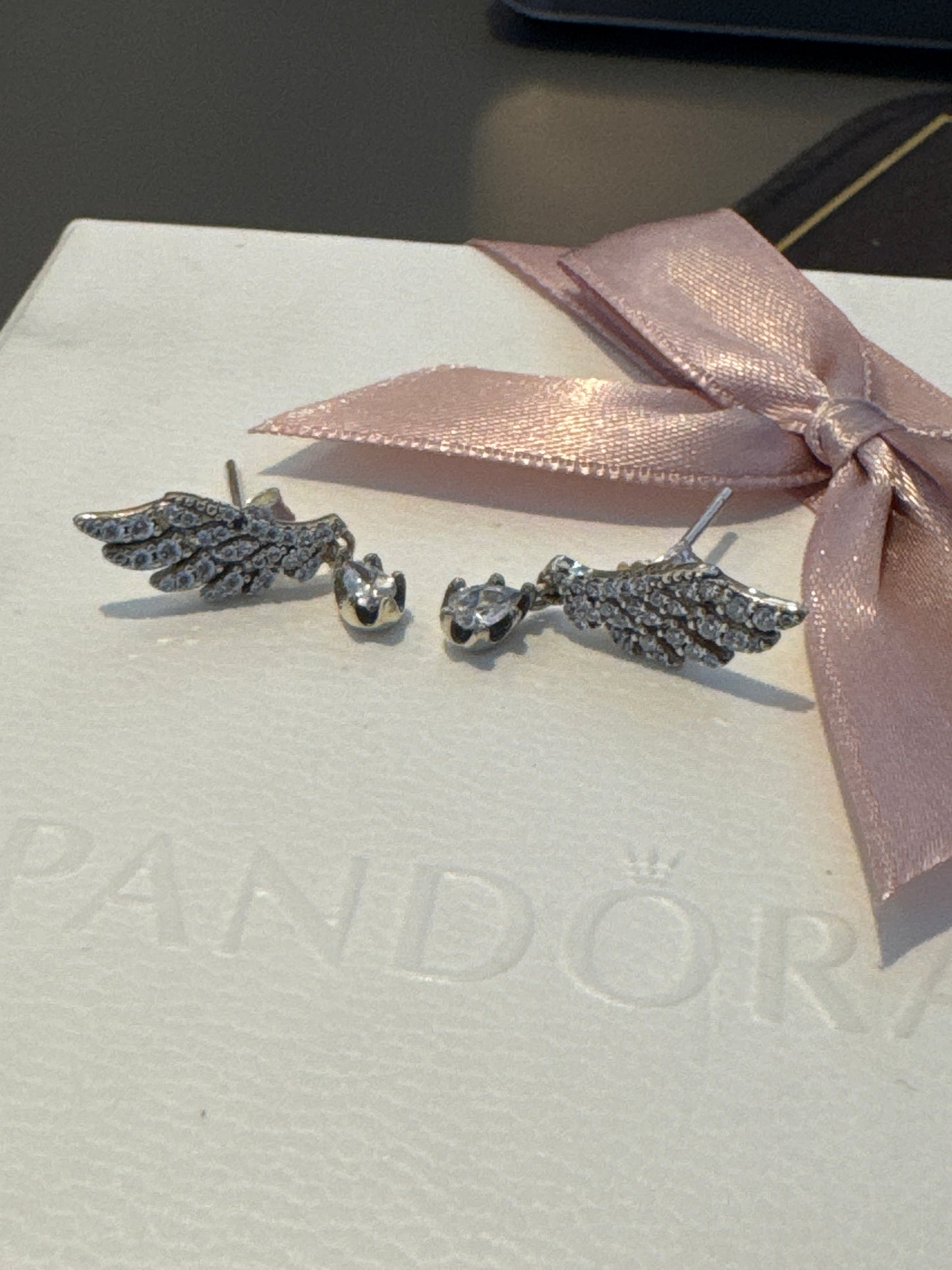 Genuine Pandora Angel Wing Feather Pave Dangle Earrings