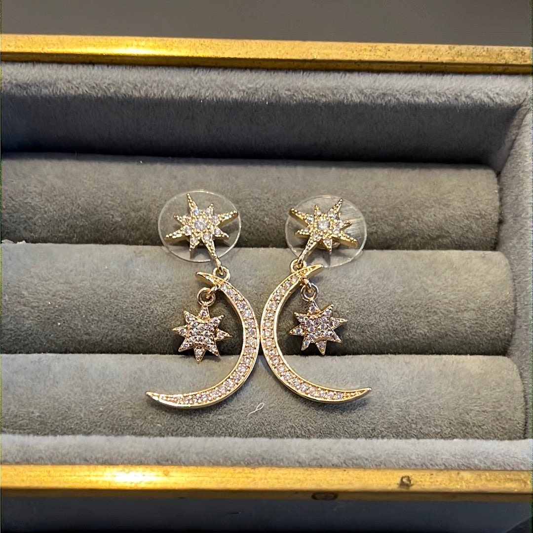 Brand New Gold Plated Pave Crescent Moon CZ Earrings Beautiful