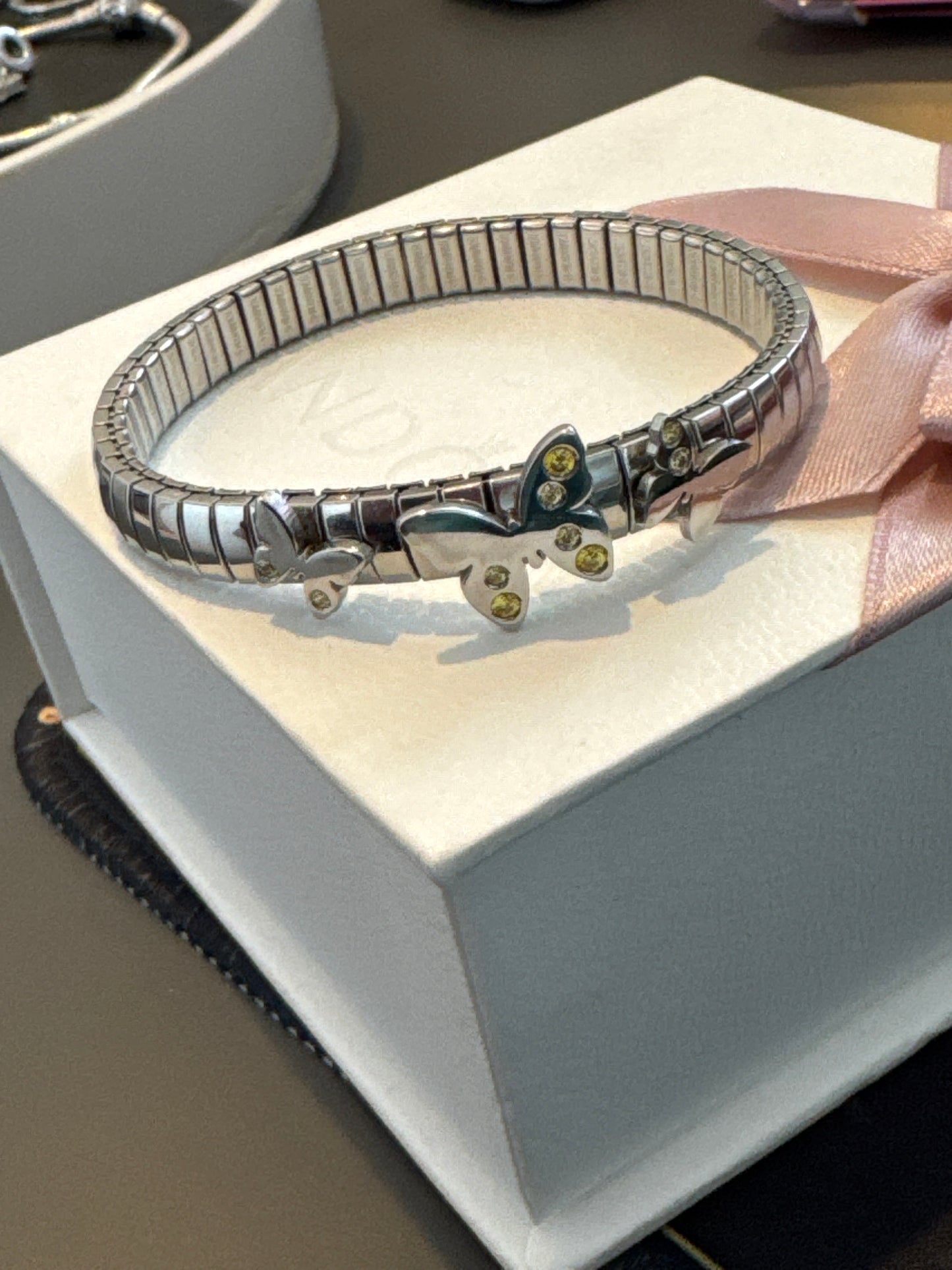 Genuine Nominations Sterling Silver Pave Yellow Stone Butterfly Stretch Bracelet