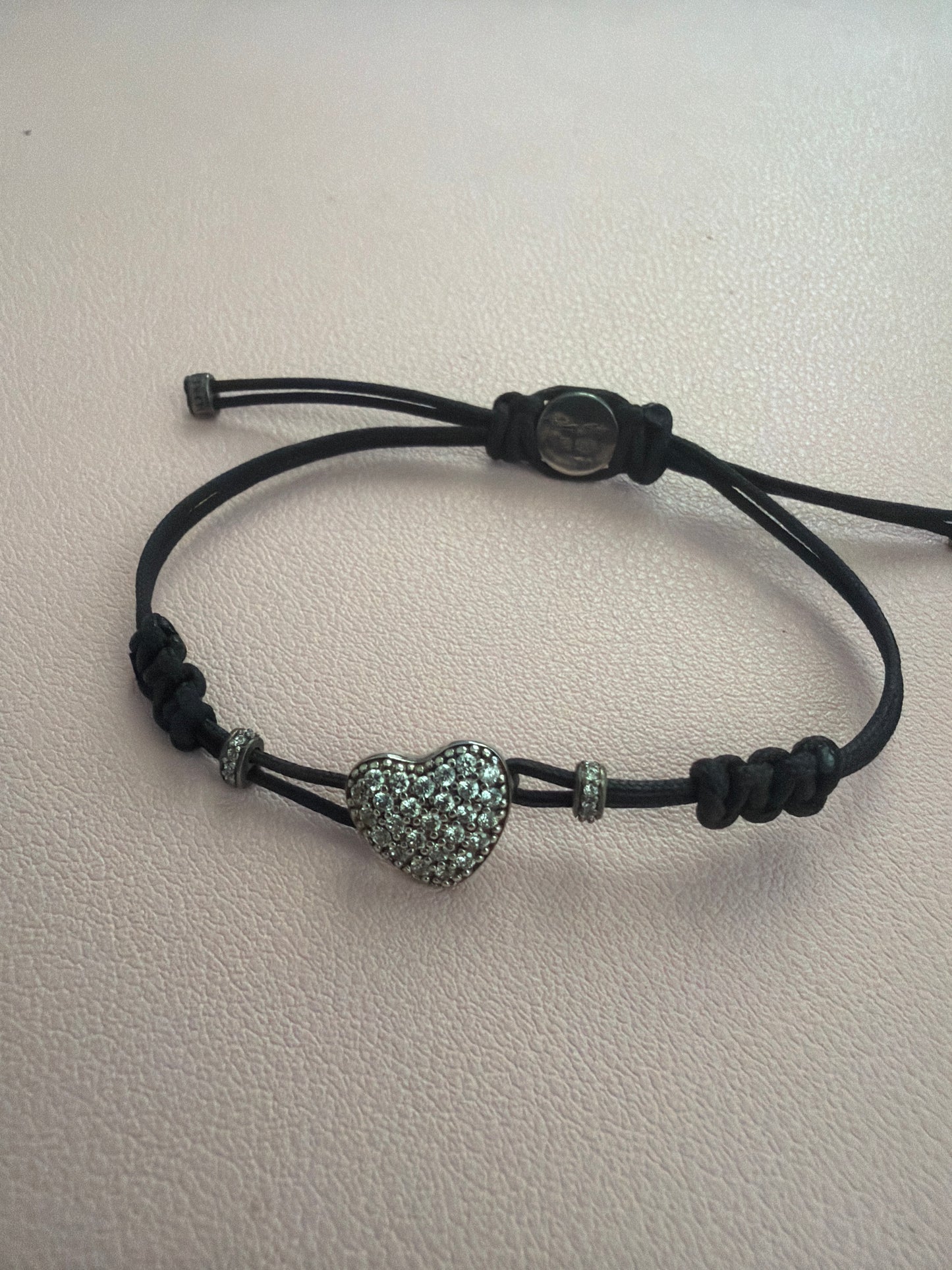 Genuine Thomas Sabo Pave Heart Black String Material Bracelet Medium Max 20cm