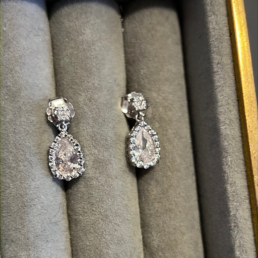 Brand New Sterling Silver Pave Clear Teardrop Dangle Earrings