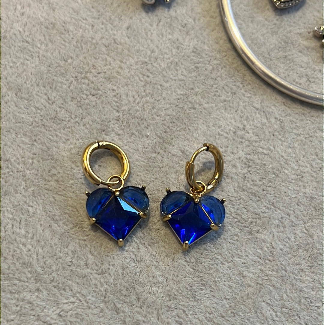 Brand New Gold Plated Shine Dangle Blue CZ Heart Earrings