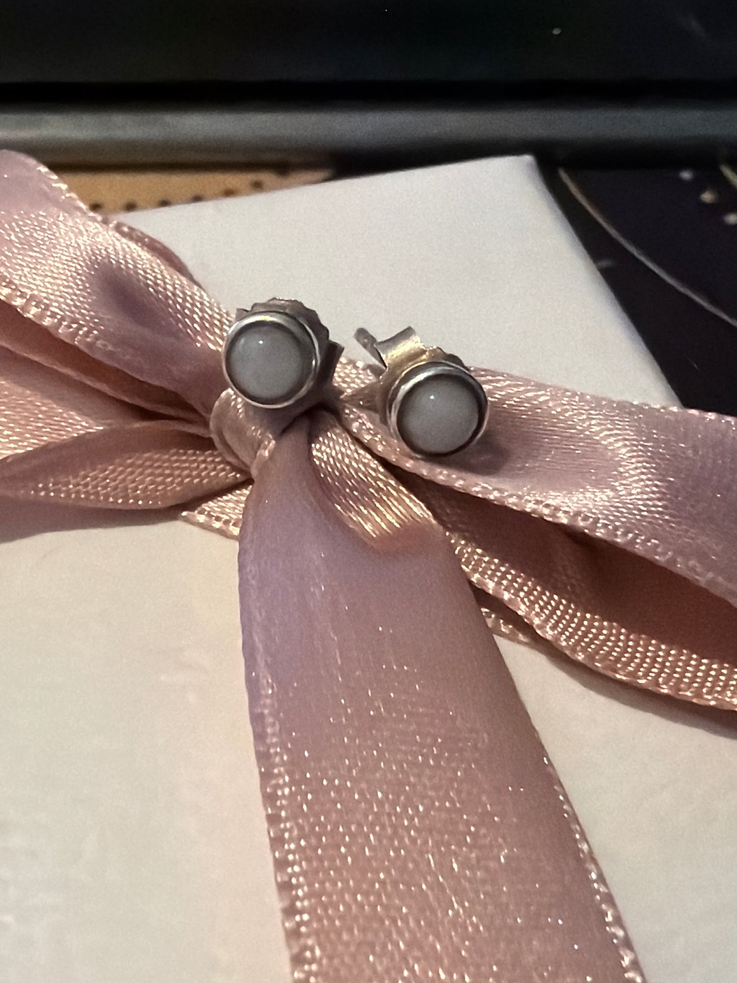 Genuine Pandora Moonstone Grey HTF Cabochon Tiny Earrings Studs