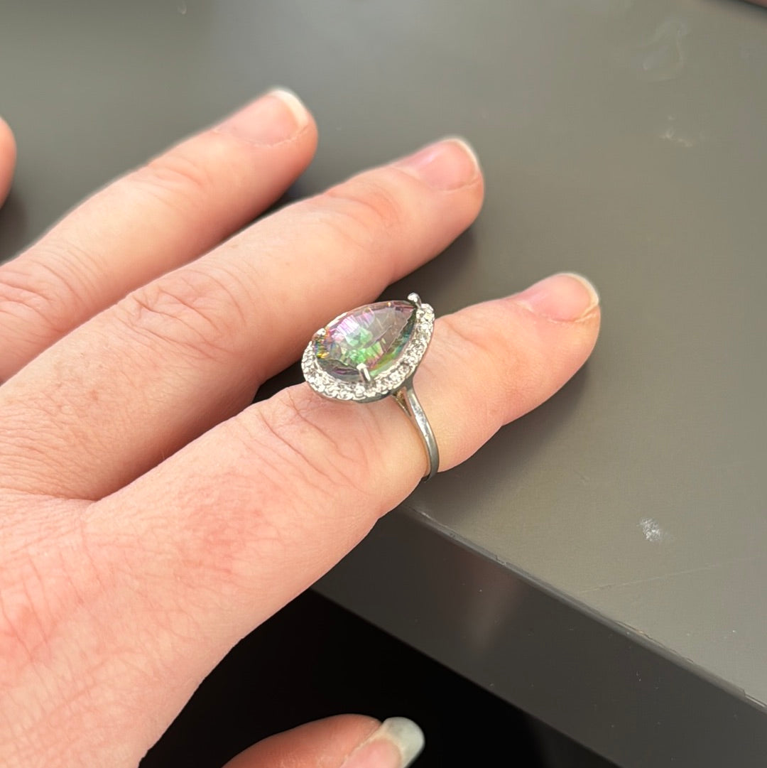 Sterling Silver Huge Iridescent Teardrop CZ Ring Size 52