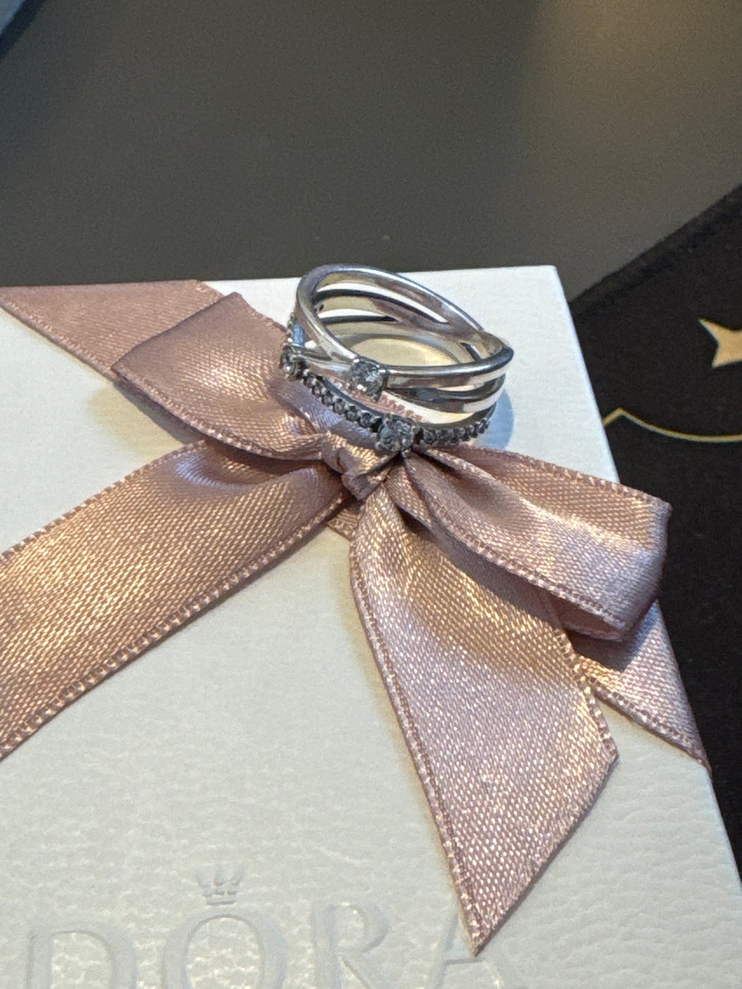 Genuine Pandora Rose Gold / Silver Large Sparkling Crossover Ring Statement Size 56