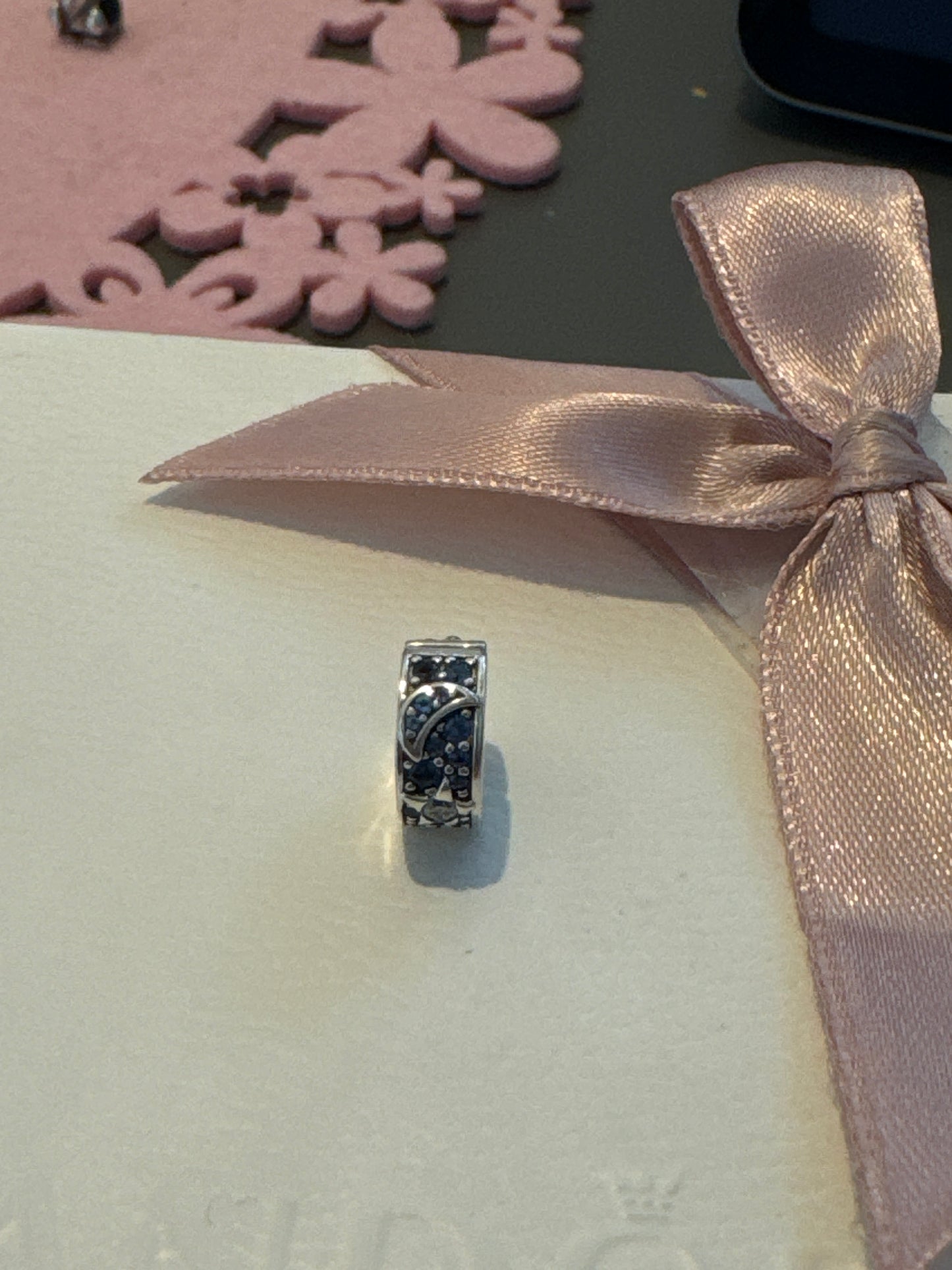 Genuine Pandora Single Pave Clear and Navy Blue Star and Moon Silicone Insert Clip