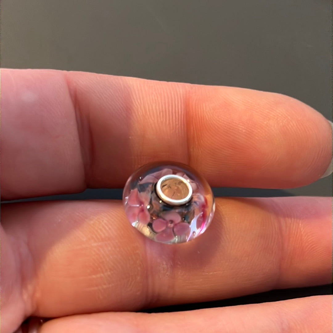 Genuine Trollbeads(?) Pink and Sparkle Gold Glitter Flower Murano Charm