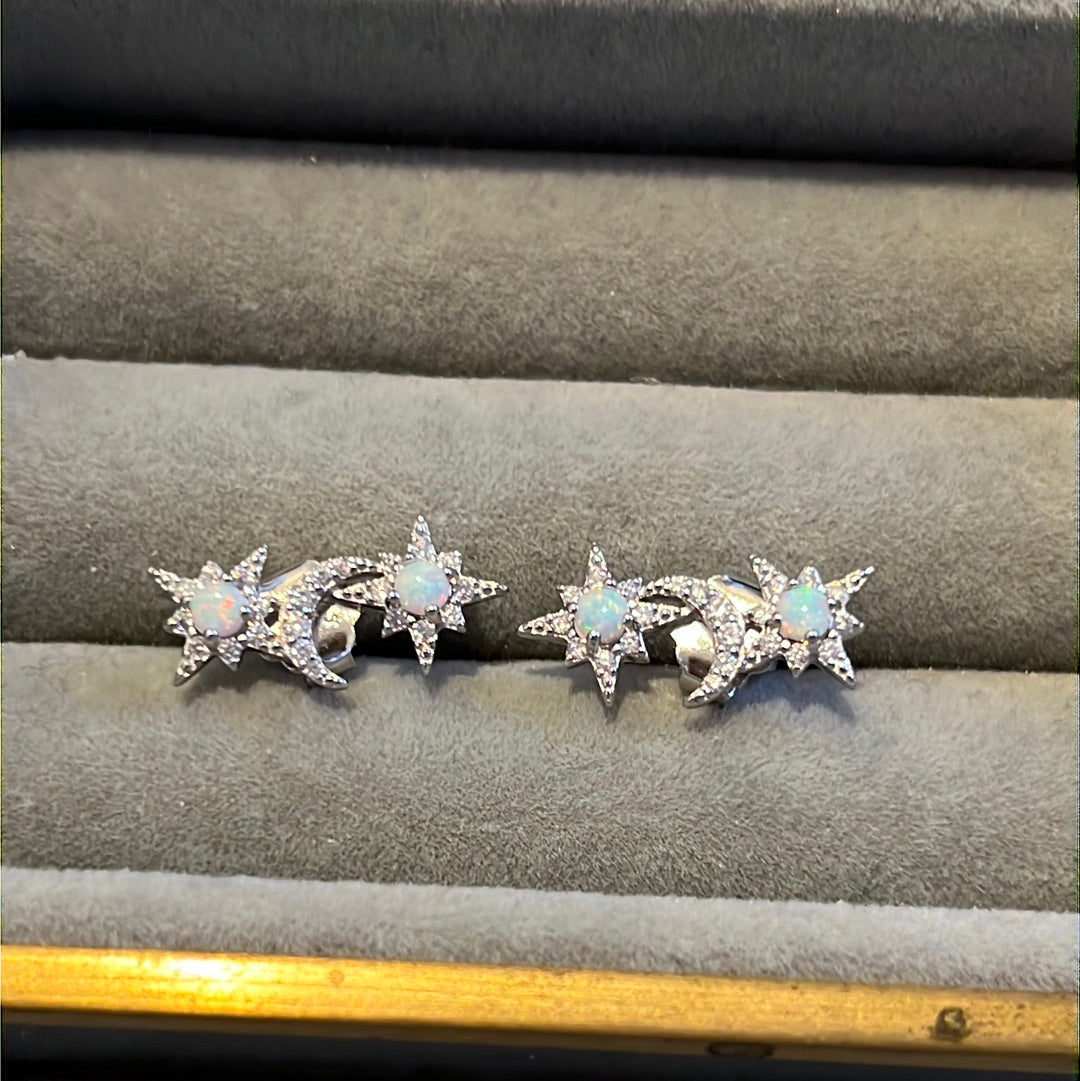 Sterling Silver Beautiful Blue Opal and CZ Moon and Star Creeper Earrings