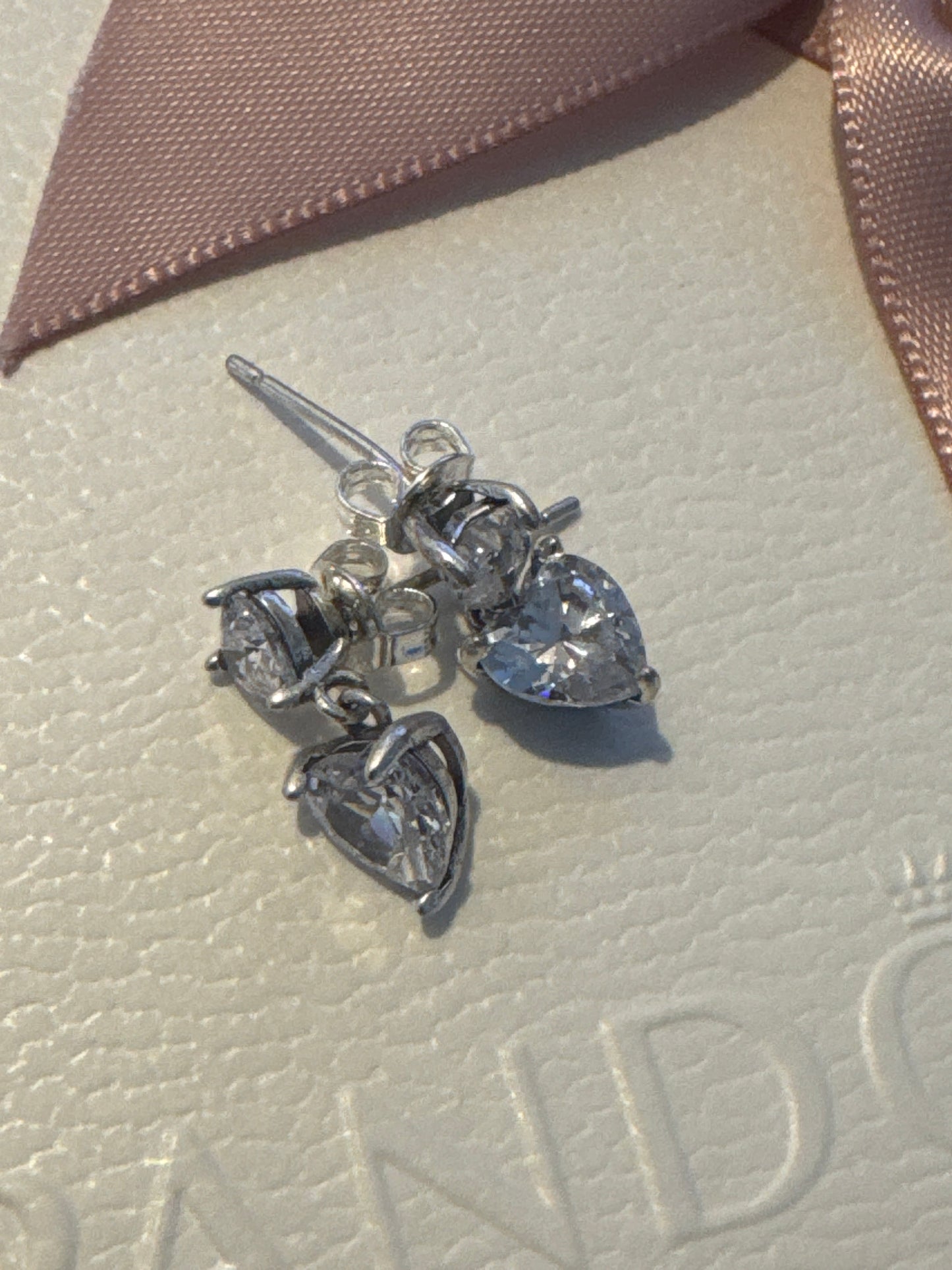 Genuine Pandora Cz Clear Double Heart Dangle Earrings
