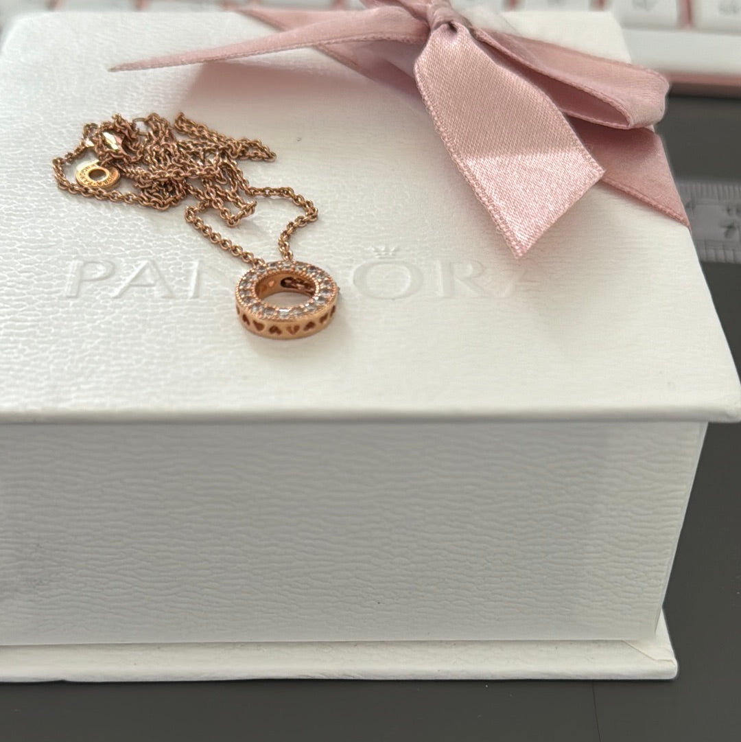 Genuine Pandora Rose Gold Pave CZ Small Circle Necklace 45cm Chain