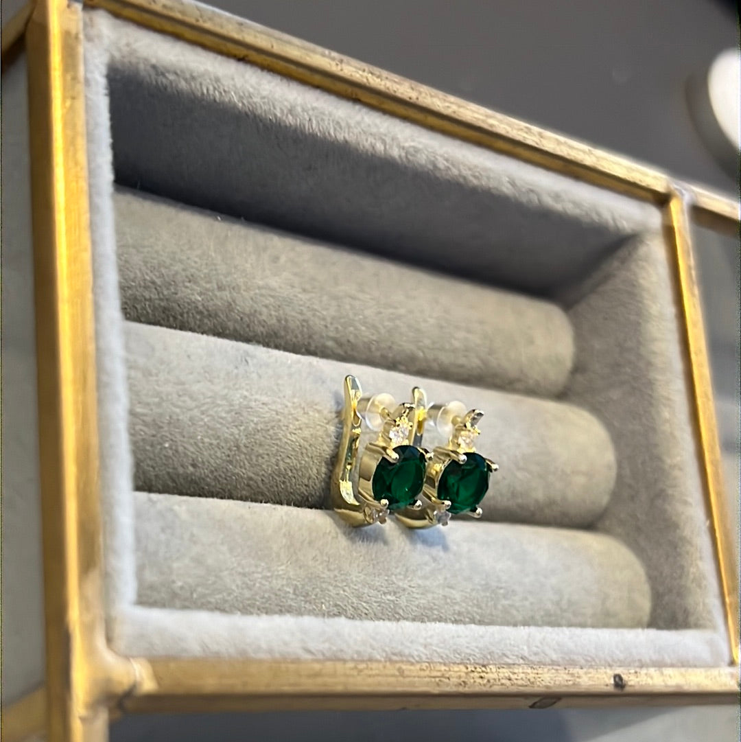 Brand New 14ct Gold Plated Green Circle Stone Sleeper Hoops Earrings