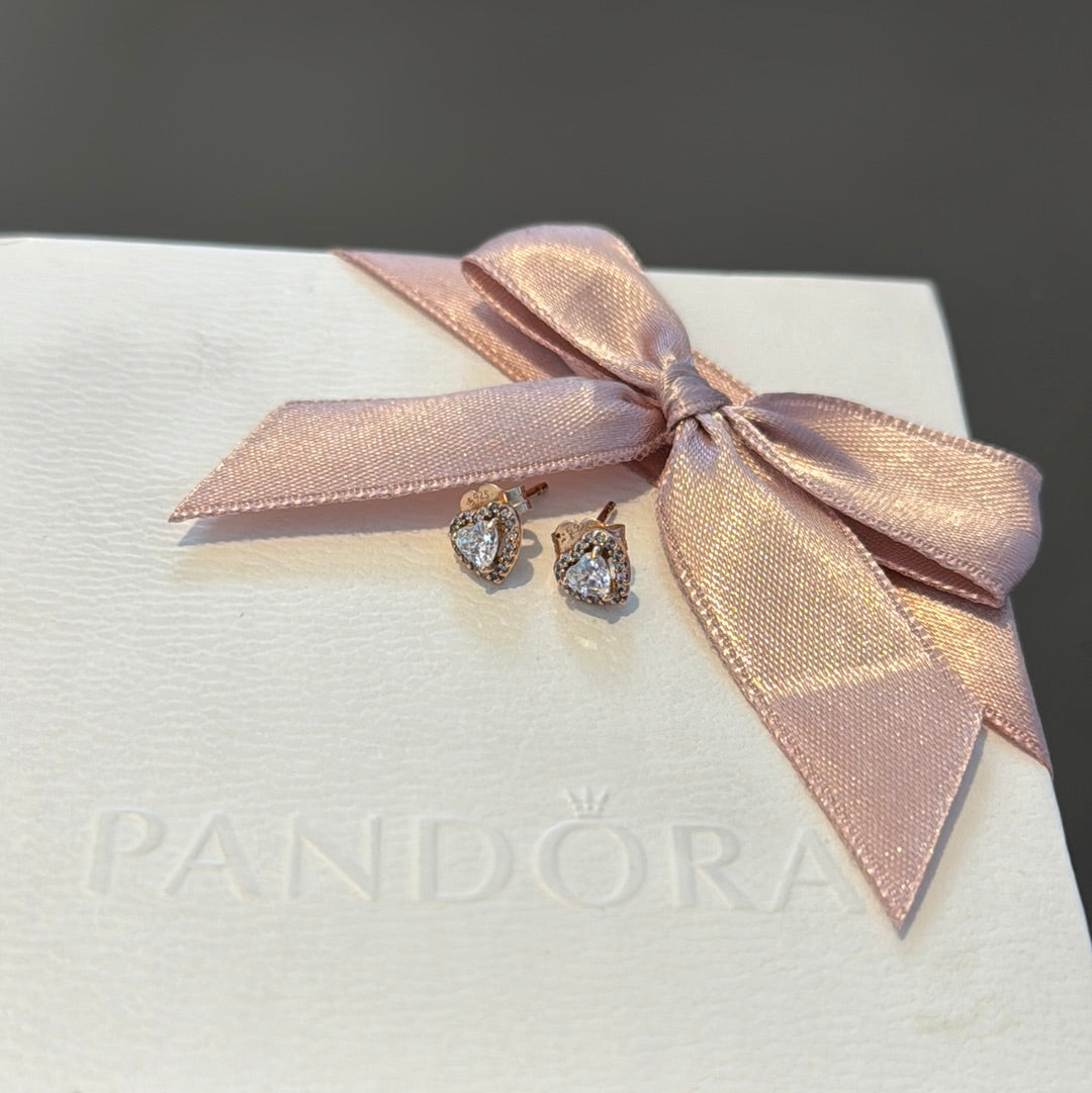 Genuine Pandora Rose Gold CZ Clear Heart Earrings Studs