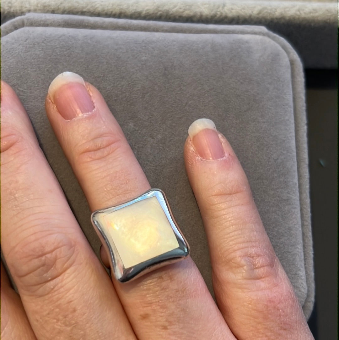 Sterling Silver Mother of Pearl Large Square CZ Cross Ring 52