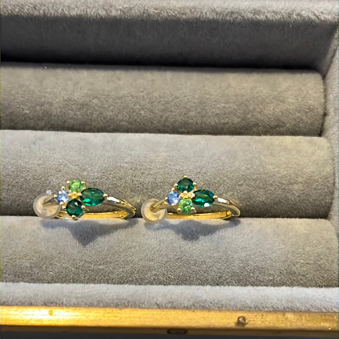Brand New Gold Plated Green CZ Clover Hoop Earrings