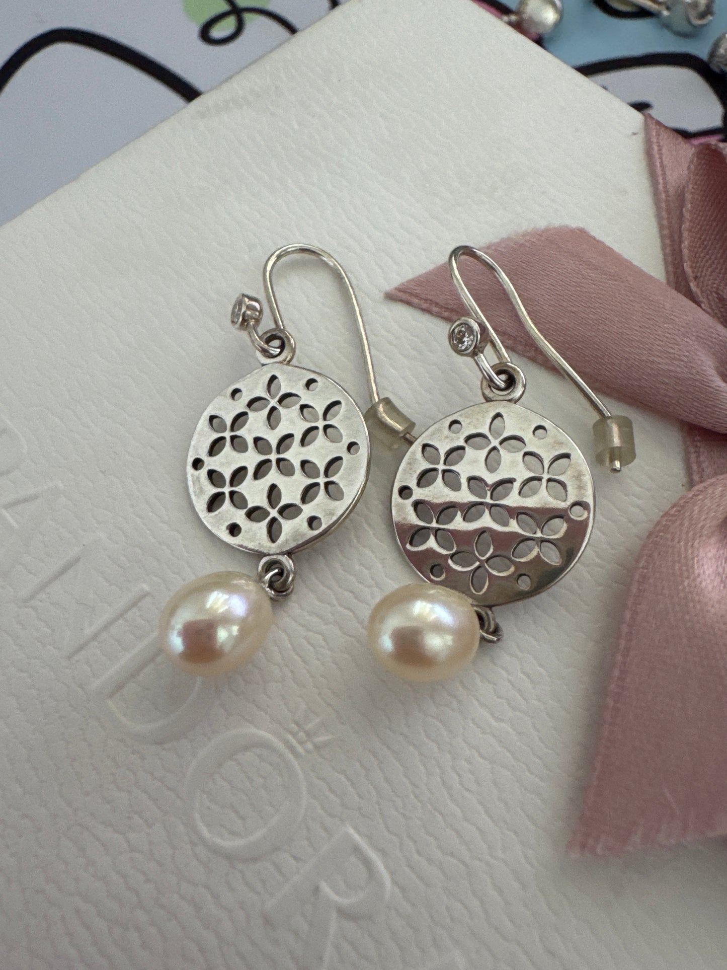 Genuine Pandora Cultured Pearl Elegance Drop Compose Earrings With Posts Retired