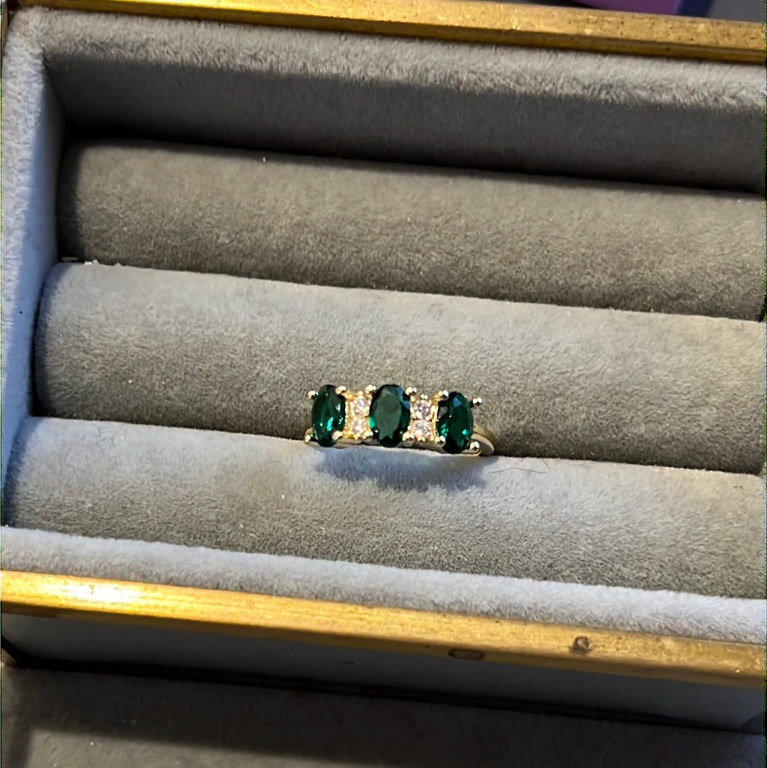 Brand New Gold Plated Pave Dark Green Emerald Oval CZ  Ring 52