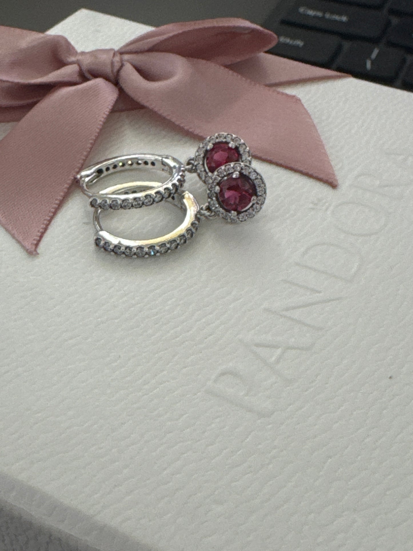 Genuine Pandora Red Round Pave Circle Dangle Hoop Earrings