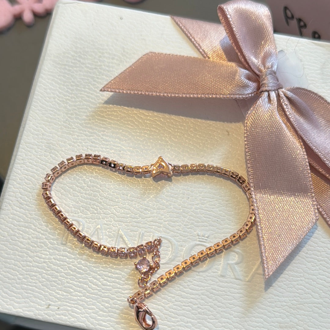 Sterling Silver Rose Gold Pave CZ Heart Bracelet 19cm