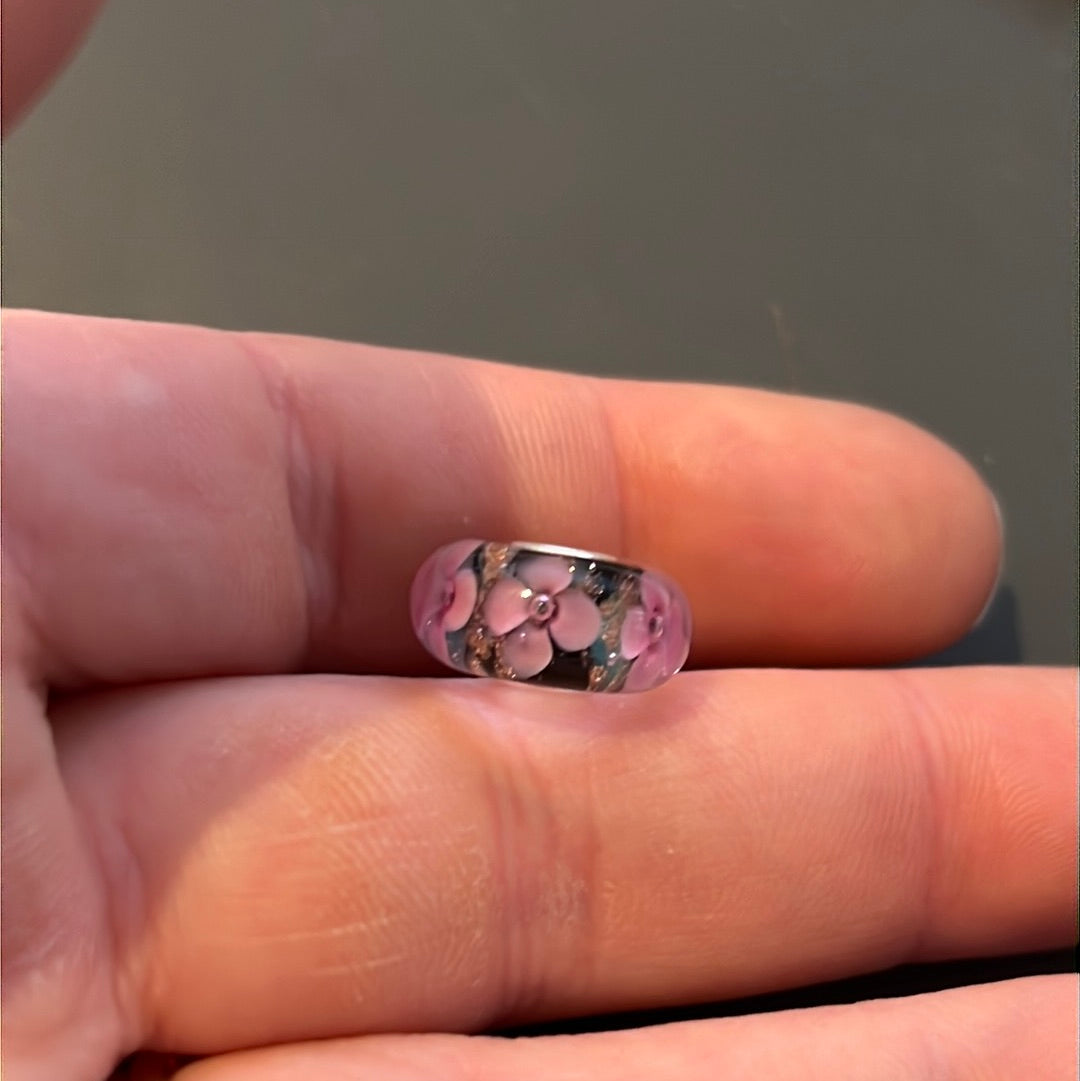 Genuine Trollbeads(?) Pink and Sparkle Gold Glitter Flower Murano Charm